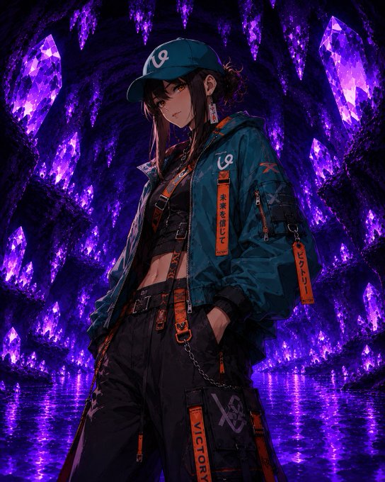 The image features a girl with long brown hair wearing a blue baseball cap and a jacket that says "L.O." She has her hands in her pockets and appears to be standing in front of a cave or rock formation, possibly made of crystals. The caption reads, "i've been in crypto since 2001. been in so many communities & alpha groups since then but now my ONLY home is @0xAlphaGEMs. this is my family. the only place i chat daily in discord so please stop sending me invites to your communities."