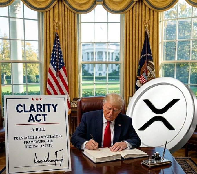 Donald Trump sits at the Resolute Desk in the Oval Office signing a document, with a large sign reading "CLARITY ACT - A BILL TO ESTABLISH A REGULATORY FRAMEWORK FOR DIGITAL ASSETS" beside him and an oversized XRP logo to his right, depicting the signing of the long-awaited crypto legislation.