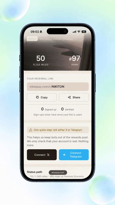A smartphone screen displays the 'eligpay' Premium Economy app, showing '50 ELIGS MILES', '#97 RANK', a referral link 'eligpay.com/NiKiTON', and buttons to 'Connect X' or 'Connect Telegram'.