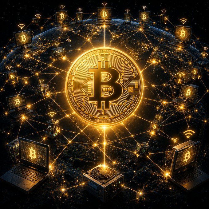 A glowing golden Bitcoin coin hovers above Earth, connected via luminous lines to laptops, mining rigs, and servers worldwide—all broadcasting Bitcoin symbols—to visualize the post's message about a decentralized global network maintained by tens of thousands of unpaid participants keeping one shared, trustworthy ledger.