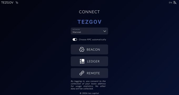 A dark-themed "CONNECT" screen for TezGov on the Tezos Mainnet, displaying connection options for Beacon, Ledger, and Remote wallets. The interface aligns with the post's description of TezGov as a governance tool for Tezos, showing the initial wallet connection step users would take to participate in Layer 1 and Etherlink governance.