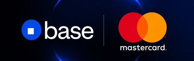 The image features two logos, one representing Mastercard and the other representing Base. The Mastercard logo has a red circle with an orange border, while the Base logo displays a blue circle with a white border. Both logos are set against a dark gray background. Below these logos, there is text that reads "Mastercard supporting stablecoin payments and settlement on @base is more than a partnership announcement → Global payment infrastructure is starting to connect with onchain networks → Stablecoins are becoming a practical layer for real world transactions → Base continues". The image seems to be promoting the idea of using stablecoins as a means of payment, possibly in relation to the Mastercard logo.