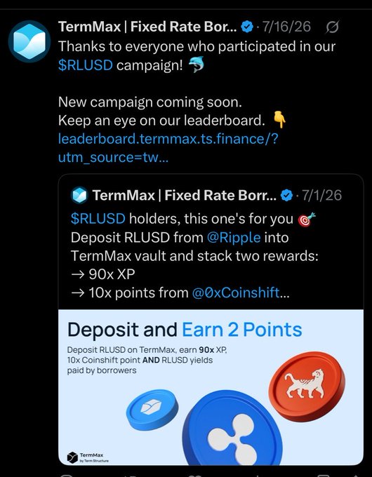 A screenshot of a social media post from 'TermMax | Fixed Rate Borr...' announces a completed $RLUSD campaign, mentioning rewards of '90x XP' and '10x points from @0xCoinshift' for depositing RLUSD from @Ripple.