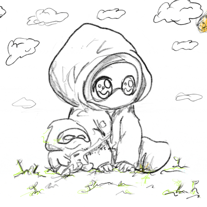 A rough pencil sketch shows a hooded figure with large glasses sitting in grass, hugging what appears to be a small creature or doll.