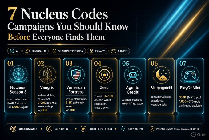 An infographic titled '7 Nucleus Codes Campaigns You Should Know Before Everyone Finds Them' listing campaigns including Nucleus Season 3, Vangrid, American Fortress, Zeru, Agents Credit, Sleepagotchi, and PlayOnMINT across categories like AI, Physical AI, Onchain Reputation, Privacy, and Gaming.