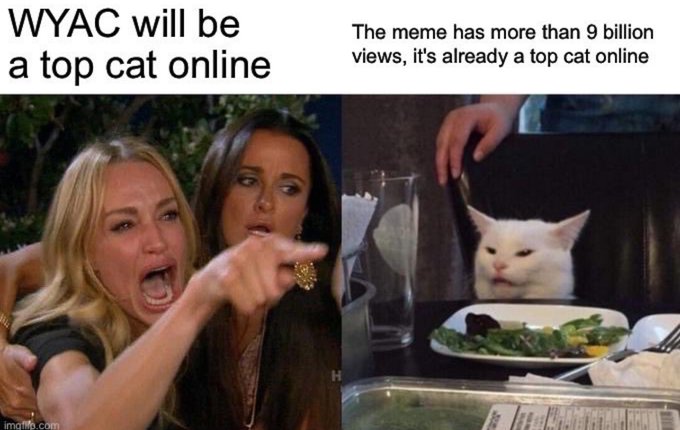 The image is the "Woman Yelling at Cat" meme, with text on the left stating "WYAC will be a top cat online" and text on the right stating "The meme has more than 9 billion views, it's already a top cat online," humorously arguing that the meme format itself is already a top "cat" online, tying into the bullish sentiment about the $WYAC ticker.