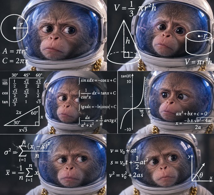 A four-panel image of a monkey in an astronaut helmet with mathematical and physics formulas overlaid, including trigonometric tables, calculus integrals, the quadratic formula, statistics formulas, and kinematics equations.