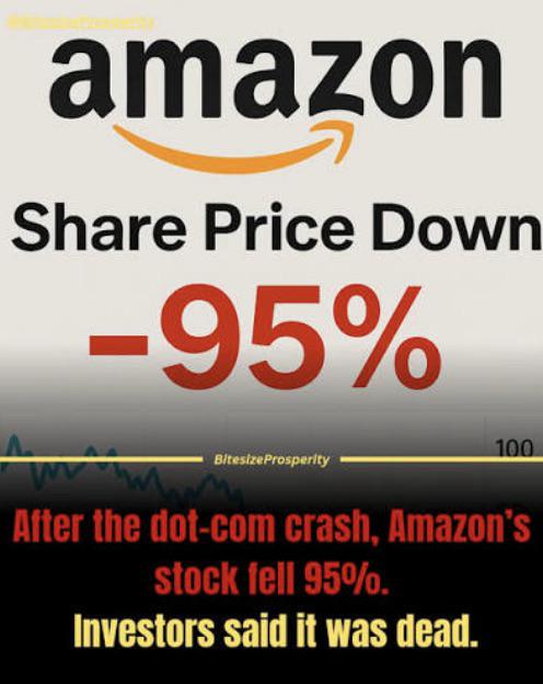 The image is a social media graphic showing the Amazon logo and the text "Share Price Down -95%" in bold red, with a caption below stating "After the dot-com crash, Amazon's stock fell 95%. Investors said it was dead." It supports the post's message that Amazon was once written off by investors just like some are now writing off ADA holders during a downturn.