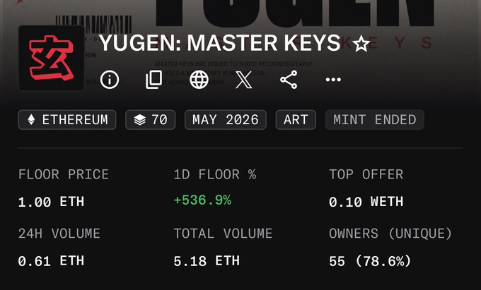 The image appears to be a screenshot of an eBay or eBay marketplace listing for a Bitcoin coin, with an overlay of text that reads "YŪGEN master key already at 1 eth Top offer at 0.1eth". The image also contains an explanation about the cryptocurrency and a pricing description.