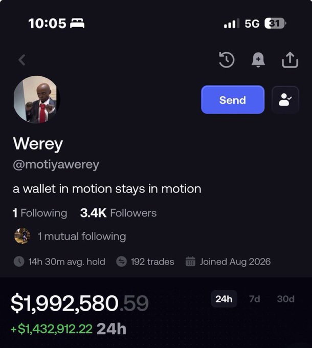 The image shows a social media profile of user "Werey" (@motiyawerey) with the bio "a wallet in motion stays in motion," displaying an impressive portfolio value of $1,992,580.59 with a 24-hour gain of +$1,432,912.22, along with stats showing 192 trades and a 14h 30m average hold time, which visually supports the accompanying post's claim about Werey having over $1 million and mocks those with less than $5 as "normal" people.