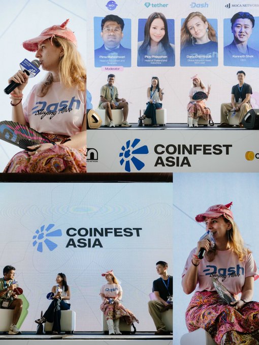 Photos from the Coinfest Asia conference showing a woman in a 'Dash' t-shirt and pink hat speaking on a panel with other speakers.