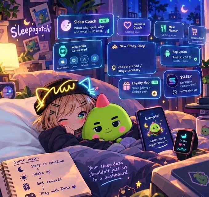 An anime-style illustration titled 'Sleepagotchi' showing a girl with a green mascot character in bed, surrounded by a dashboard featuring widgets like 'Sleep Coach', 'Wellness Coach', 'Meal Planner', 'Wearables Connected', 'New Story Drop', and 'App Update Android v2.0.20 Polish + fixes'.