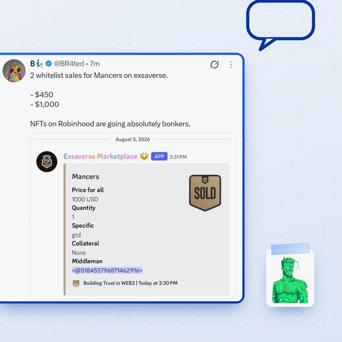 A screenshot of a tweet by @BR4ted stating "2 whitelist sales for Mancers on exsaverse" for $450 and $1,000, accompanied by a sale record from Exsaverse Marketplace showing a Mancers NFT sold for 1000 USD.