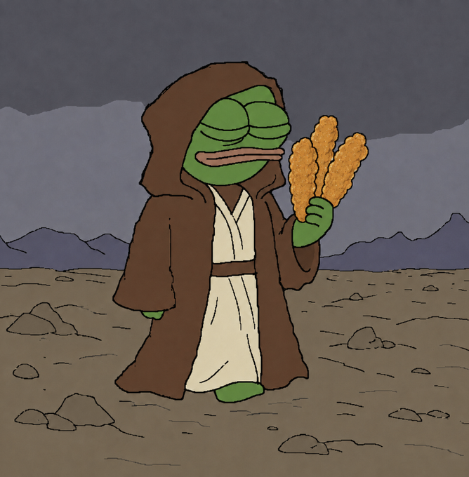 A serene Pepe dressed as a Jedi stands in a barren desert landscape, holding up a bundle of golden fried chicken tenders. The image humorously illustrates the caption "I am one with the Tendies and the Tendies are with me," portraying a Jedi-like devotion to chicken tenders.