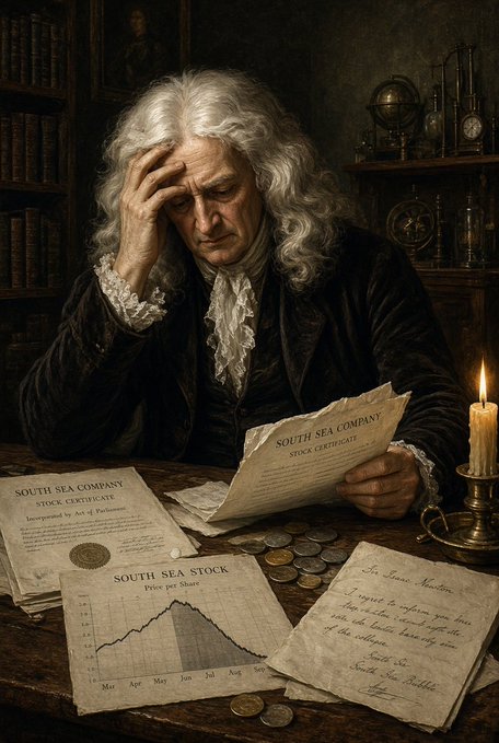 Isaac Newton sits despondently at a candlelit desk, his hand pressed to his forehead as he examines documents labeled "SOUTH SEA COMPANY STOCK CERTIFICATE" and a handwritten letter referencing the South Sea Bubble, surrounded by scattered coins and a chart showing the stock's dramatic price decline. The scene illustrates the famous historical irony that even the genius who decoded the laws of the universe could not calculate the madness of markets, reinforcing the caption's message that human folly in investing remains beyond prediction.