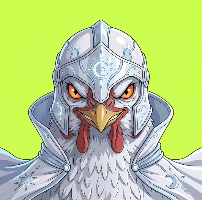 A digital illustration of an anthropomorphic rooster warrior wearing ornate silver armor and helmet, set against a bright lime green background.