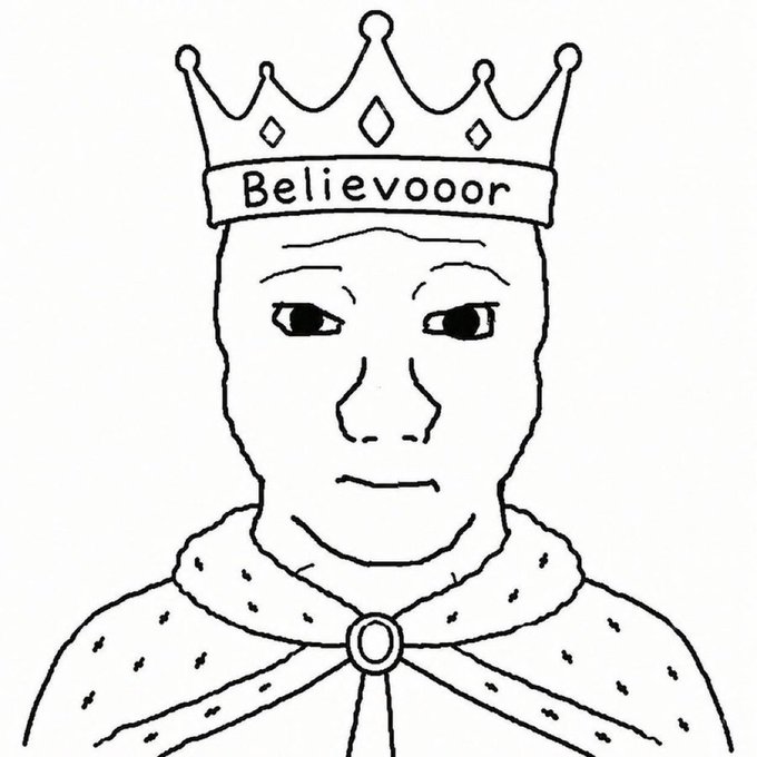A black-and-white line drawing of a stern-looking man wearing a royal crown that has the name "Believooor" written on its band.