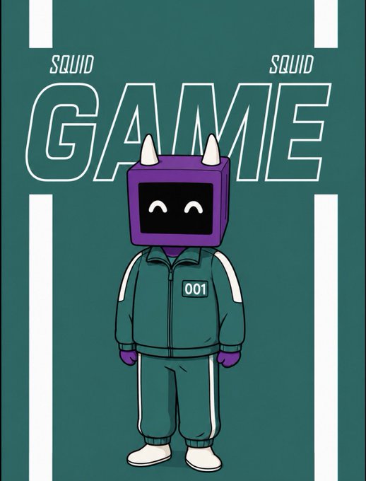 A cartoon-style poster featuring a character wearing a teal tracksuit with "001" on the chest and a purple box-shaped helmet with horns, set against a backdrop displaying the text "SQUID GAME." The imagery of a masked player numbered 001 in the iconic Squid Game uniform ties into the post's "Machine Game" theme of high-stakes competition, symbolizing the participant entering the $PRINTER game on printer.fun.
