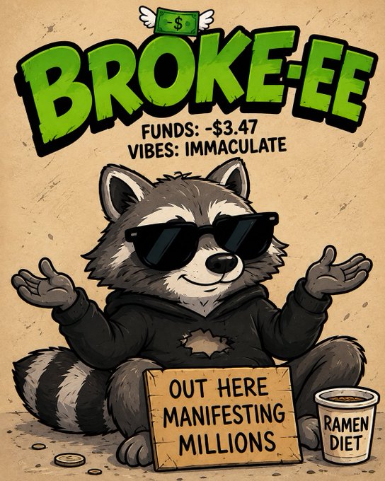 A cartoon poster of a sunglasses-wearing raccoon with the headline 'BROKE-EE', subtitle 'FUNDS: -$3.47 / VIBES: IMMACULATE', holding a 'Ramen Diet' cup and a sign reading 'OUT HERE MANIFESTING MILLIONS'.