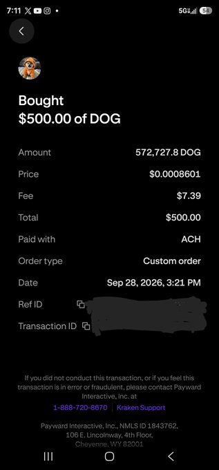A Payward cryptocurrency exchange transaction receipt showing a purchase of $500.00 of DOGE (Dogecoin), with 572,727.8 DOGE at a price of $0.0008601, dated Sep 28, 2026.