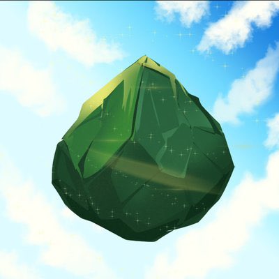 A stylized illustration of a faceted green crystal or gemstone floating against a light blue sky with white clouds and sparkles.