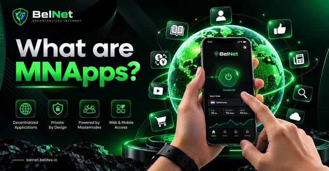 A promotional graphic for 'BelNet Decentralized Internet' asks 'What are MNApps?' and features a smartphone displaying the app surrounded by feature icons.