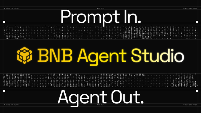 The image displays the text "Prompt In. BNB Agent Studio. Agent Out." with a yellow cube logo, illustrating the flow of an AI agent hosted on BNB Agent Studio which deploys to AWS Bedrock AgentCore, keeping agents continuously operational in the cloud rather than dependent on a local machine.