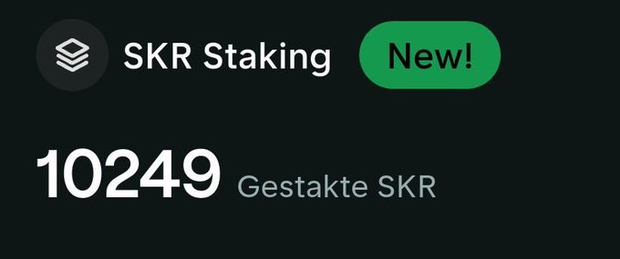 A dark-themed app interface displaying 'SKR Staking' with a green 'New!' badge, showing a staked amount of '10249 Gestakte SKR' below the title.