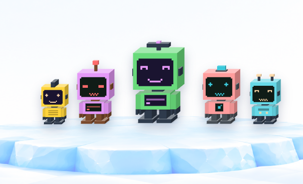 A row of five colorful, cartoon-style robot characters (yellow, purple, green, pink, and blue) standing on an iceberg.