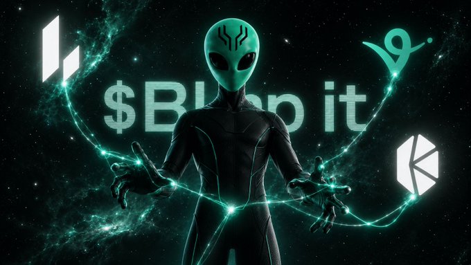 A teal alien figure stands against a cosmic background with the text '$Blup it' displayed, surrounded by cryptocurrency-style logos connected by glowing energy lines.
