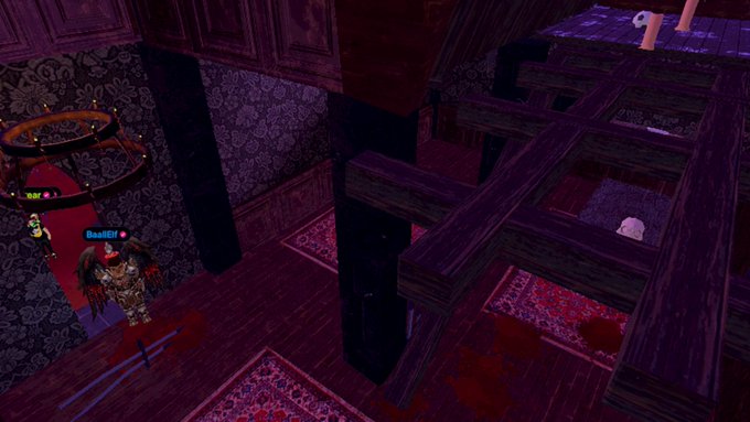 A screenshot from a video game showing a character with red wings labeled 'BeastElf' in a dimly lit, dark room with wooden floors and patterned wallpaper.