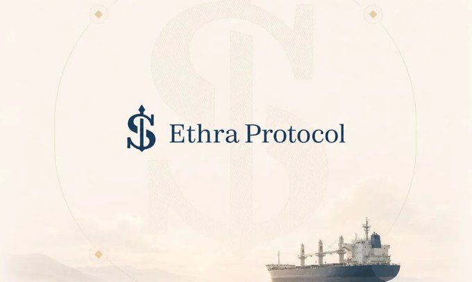 The image displays the "Ethra Protocol" logo and name in dark blue text, accompanied by a cargo ship in the lower right corner, visually representing the @EthraShip project behind the newly announced Nucleus campaign featuring a $30k stablecoin reward pool for top contributors.