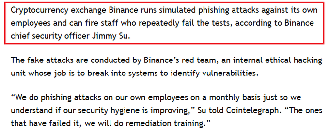 A news excerpt in a red box states that Binance, led by Chief Security Officer Jimmy Su, runs simulated phishing attacks on its own employees monthly and may fire those who repeatedly fail the tests, performed by its internal "red team" ethical hacking unit to identify vulnerabilities. This supports the accompanying post about Binance's internal Red Team conducting monthly phishing tests with potential dismissal for repeat failures.