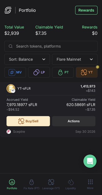 A cryptocurrency portfolio app interface displays a total value of $2,939 and highlights the token 'YT-sFLR' on the Flare Mainnet network.