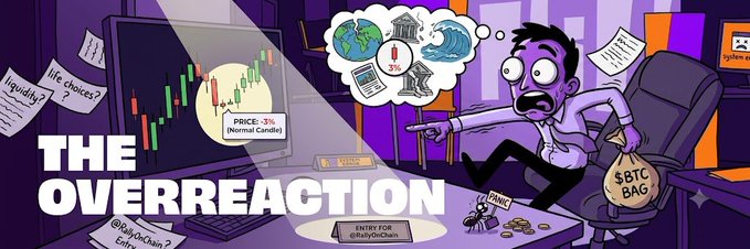 A cartoon banner titled "THE OVERREACTION" showing a panicked purple character falling back in his chair while staring at a computer displaying a -3% price drop on a candle chart. Notes read "liquidty?" and "life choices?" with a "ENTRY FOR @FailyOnChain" badge.