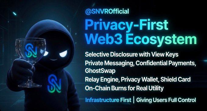 A promotional graphic for @SNVROfficial's 'Privacy-First Web3 Ecosystem' featuring a hooded figure holding a wine glass with the SN logo, listing features like Selective Disclosure, Private Messaging, and GhostSwap.