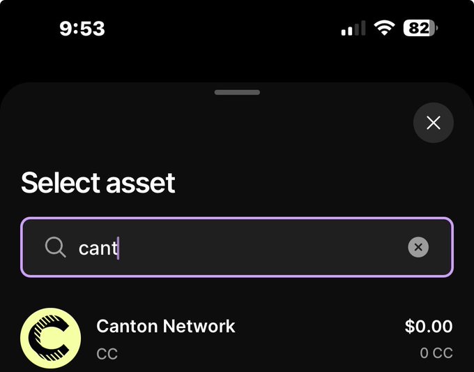 The image shows a Ledger Live app screen where "Canton Network" (ticker: CC) is being searched for in the asset selector. This confirms the post's announcement that Canton Network (CC) has been added to Ledger Live for hardware wallet support.