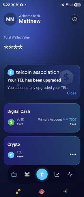 A smartphone screenshot of a digital wallet app showing a welcome message 'Welcome back Matthew' and a notification that 'Your TEL has been upgraded'.
