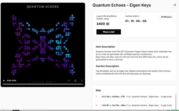 A webpage showing 'Quantum Echoes - Eigen Keys' NFT auction with a minimum winning bid of 3400 and a countdown of 1 day, 19 hours remaining for 50 winners.