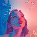 A small, stylized portrait illustration of a woman with long hair against a colorful pink and blue background.