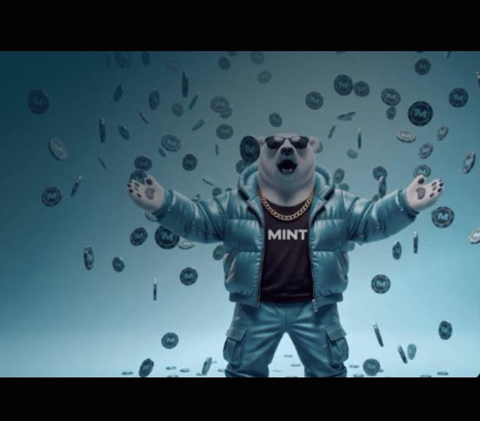 A CGI polar bear wearing sunglasses, a gold chain, and a puffer jacket over a shirt reading "MINT" stands with arms outstretched amid floating coins with an "M" logo.