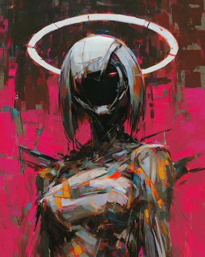 The image features a painting of a woman with long hair, wearing a white helmet that has a halo around her head. The background of the painting is pink, which complements the woman's outfit. The artist who created this piece is known for their work on Twisted Characters and has been featured in several posts by @projectShiftOfficial and @nftandarts.
