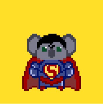 A pixel art depiction of a gray koala wearing a red cape with a yellow 'S' shield emblem on a yellow background.