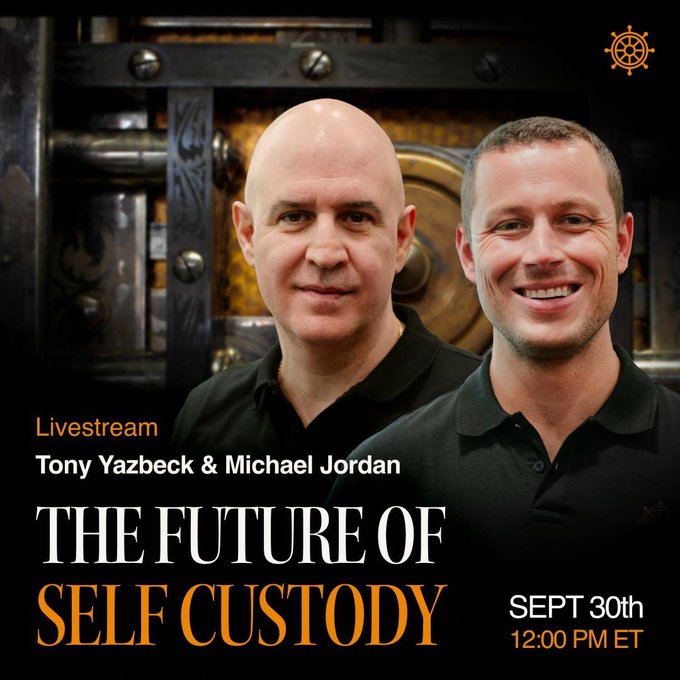 A promotional livestream graphic featuring Tony Yazbeck and Michael Jordan for an event titled 'THE FUTURE OF SELF CUSTODY' on September 30th at 12:00 PM ET.