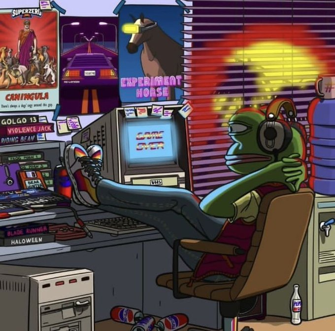 A cartoon frog wearing a red vest and headphones lounges with feet propped on a desk as "GAME OVER" flashes on his retro CRT monitor, surrounded by posters for "Superzer," "Experiment Horse," and classic games like "Golgo 13," "Violence Jack," "Blade Runner," and "Halloween," with empty soda cans scattered on the floor below.