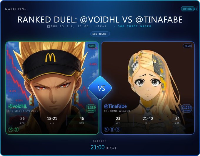 A ranked duel matchup screen displays "@VOIDHL VS @TINAFABE" for a 21:00 UTC+1 kickoff with a 500 TUSDC wager, showing Void ranked 1,339 (Silver) with an 18-21 W-L record against TinaFabe ranked 1,274 (Silver) with a 21-40 record. The image visually represents the prediction market match referenced in the post, highlighting the high-stakes betting interest between the two players.
