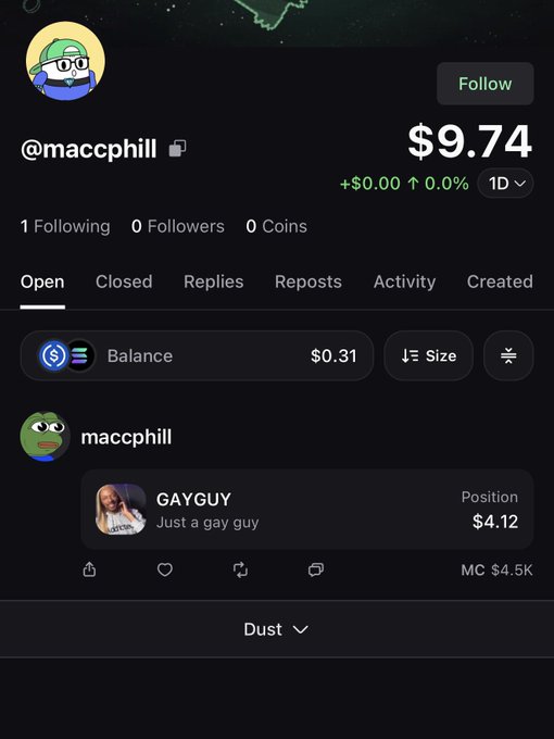 Screenshot of a Polymarket-style betting profile for user '@maccphill' showing a balance of $9.74, with an open position called 'GAYGUY - Just a gay guy' valued at $4.12.