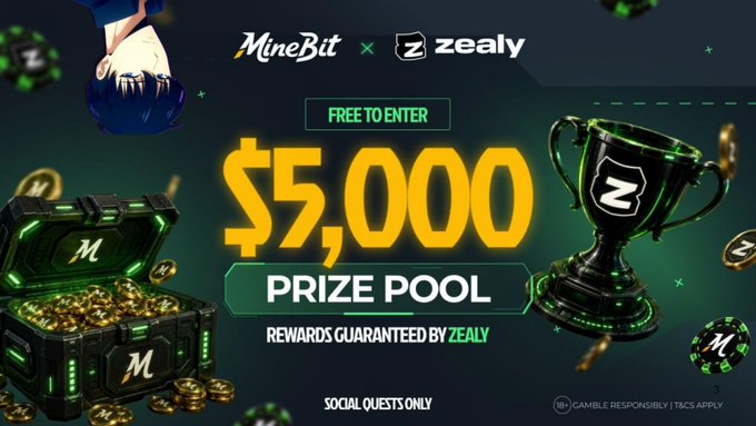 A promotional banner for a MineBit x Zealy contest featuring a '$5,000 PRIZE POOL' with 'FREE TO ENTER' text, a green-themed treasure chest filled with gold coins, and a champion's trophy against a dark background.