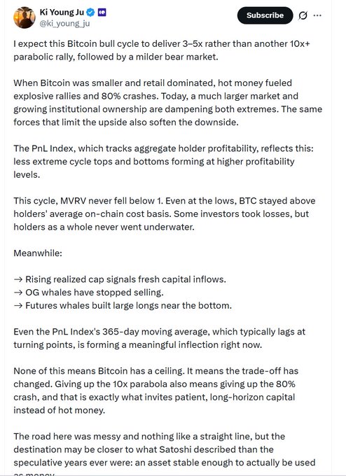 A screenshot of a tweet from Ki Young Ju (@ki_young_ju) discussing Bitcoin's market cycle, predicting a 3-5x rally rather than a 10x+ parabolic rally, citing PnL Index metrics and institutional ownership growth.