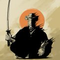 The image features a black and white illustration of a man dressed in traditional Japanese clothing, holding a sword with both hands while sitting down. The background includes an orange circle that appears to be radiating outwards from the center of the image. The caption at the bottom of the image reads "Hand drawn 2D art Enjoy the art Timelapse Algo really hates my art today lol".